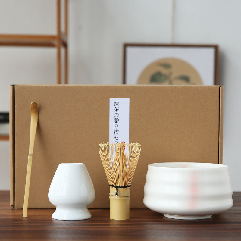 White matcha making kit with pink shadow detail, includes whisk and bowl – Evonouk